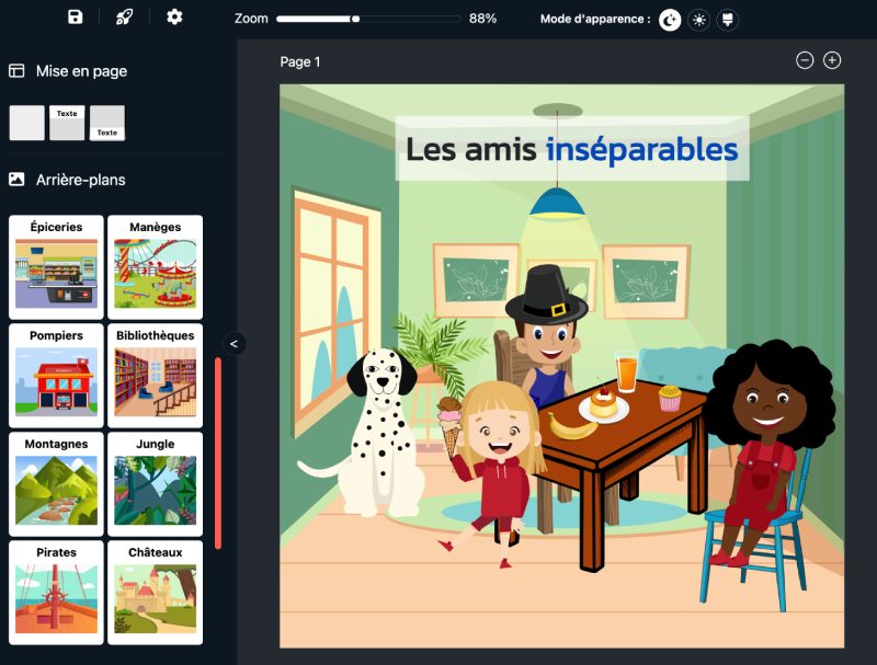 Capture du Studio Monistoire avec une histoire en cours de création